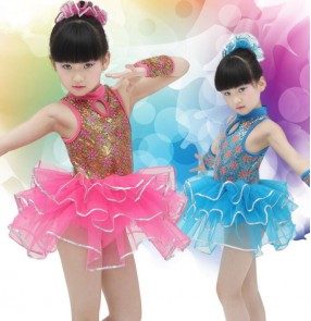 Fuchsia turquoise gold printed sleeveless girls kids children kindergarten modern stage performance jazz dance school play outfits dresses costumes